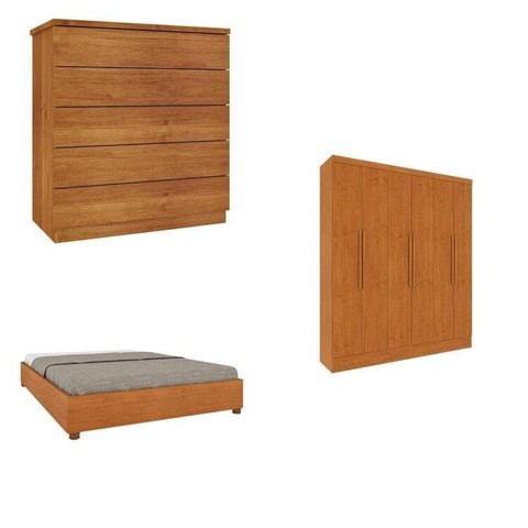 Quarto Casal Completo Guarda Roupa 6 Portas Munique, Cama Casal Monaco e Cômoda Premium Espresso Móv Bege/Cinamomo
