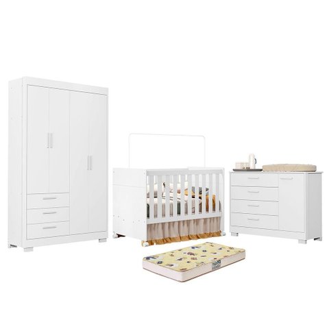 Dormitório Zaki Guarda Roupa, Cômoda e Berço Katatau Branco Fosco com Colchão Supreme - Reller M