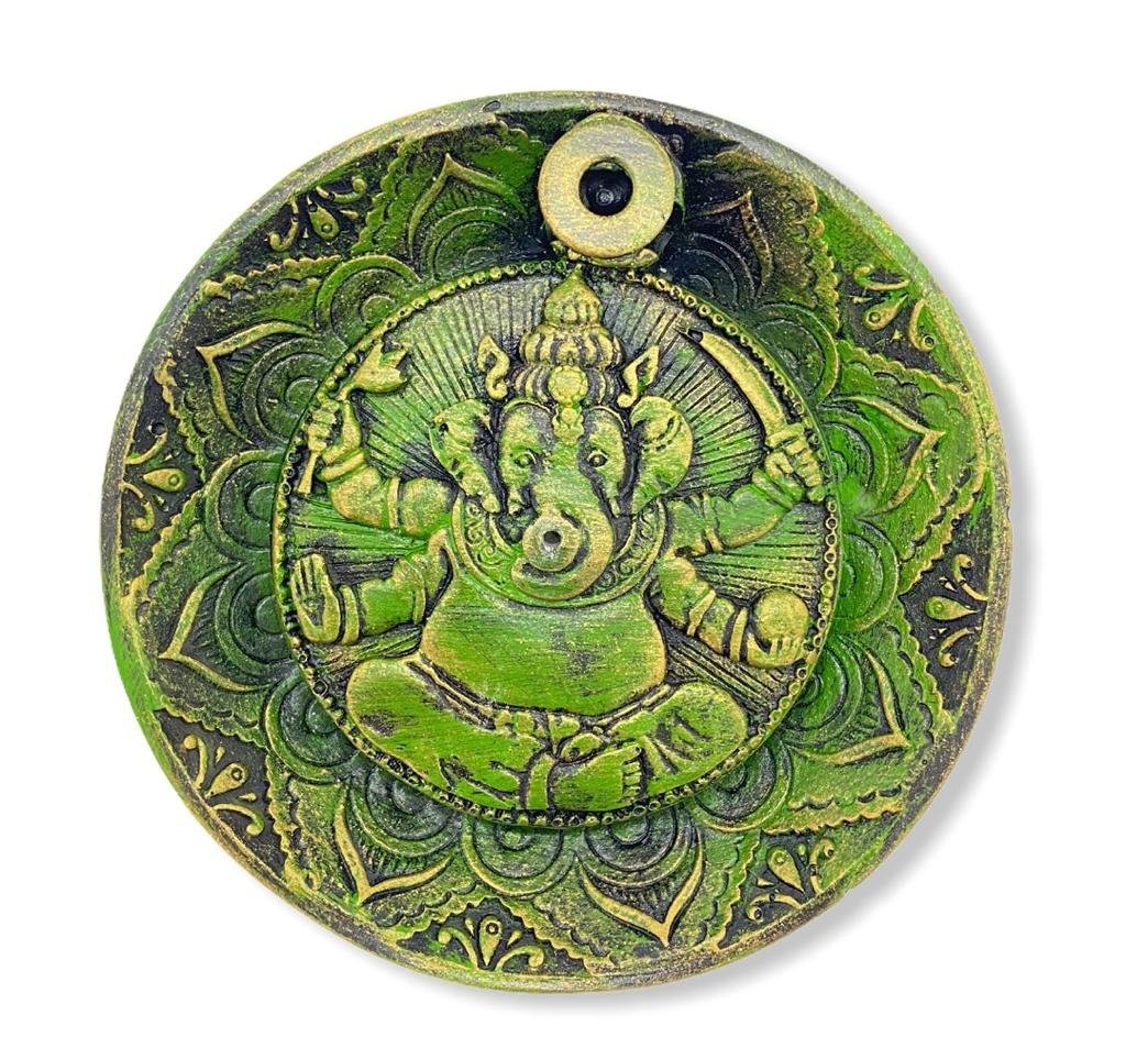 Incensário cascata prato Ganesha verde 12 cm em resina - traz proteção, harmonia e meditação - 2