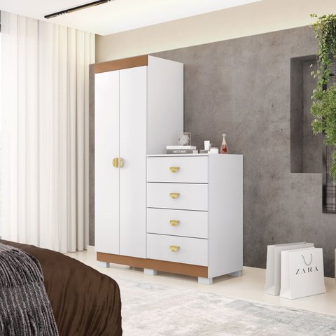 Cômoda Guarda-Roupa para Quarto 2 Portas 4 Gavetas Cristal Branco