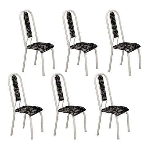Kit com 06 Cadeiras 105x50cm Fortaleza Branco/Floral Preto