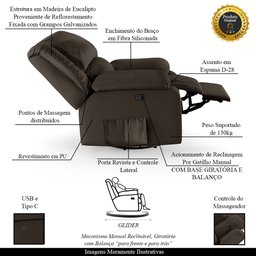 Poltrona do Papai Reclinável Sala de Cinema Madrid Glider Manual Giratória Massagem USB PU Marrom G2 - 3