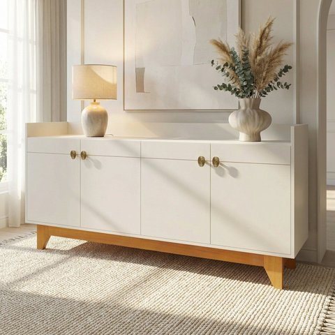 Buffet Munique 1.60 4 Portas com Pés em Madeira Maciça Off White Cerejeira Nevaska