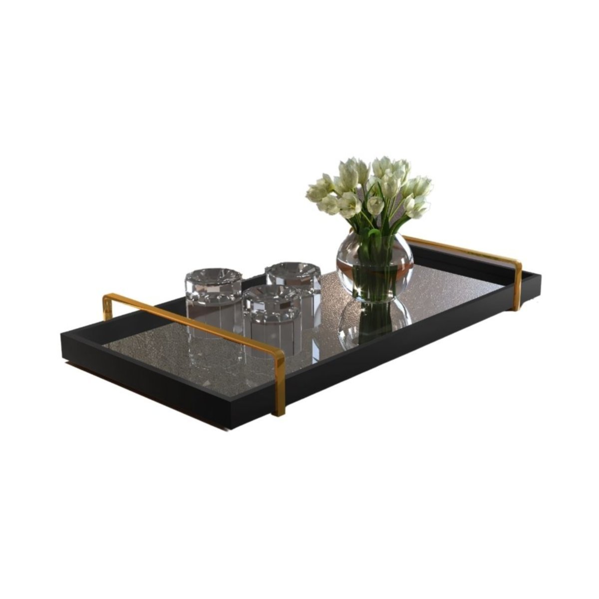 Bandeja Espelhada Zeus Mdf Laca 52x29 Cm com Alça Ouro - Bordinhon: Preto - 1