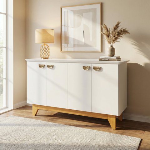 Buffet para Sala de Jantar 4 Portas com Pés de Madeira Maciça Suécia Off White/Nevaska/Cerejeira