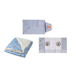 Kit Enxoval Bebe Luxo Toalha de Banho+manta+pano de Boca Cor:azul