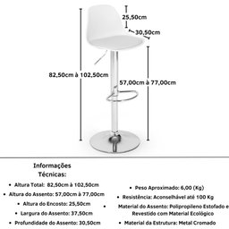 Kit 10 Banqueta Alta Leda Estofada com Base Giratória e Regulagem de Altura - Branco - 8