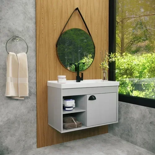 Gabinete Armario para Banheiro 100% MDF com Cuba - Monza Lineo 60cm