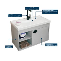 Gabinete Armario para Banheiro 100% MDF com Cuba - Monza Lineo 60cm - 8