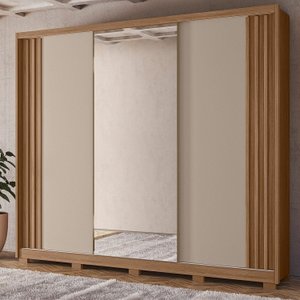 Guarda-roupa Casal 3 Portas de Correr 6 Gavetas com Espelho e Pés Arizona