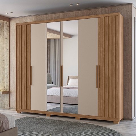 Guarda Roupa Casal 6 Portas 4 Gavetas com Espelho e Pés Araguaia Marrom/Carvalho/Fendi