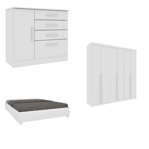 Quarto Casal Completo Guarda-Roupa Milano, Cama Mônaco e Cômoda Chicago Espresso Móveis Branco/Neve