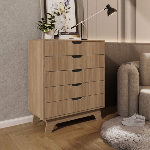 Cômoda para Quarto 5 Gavetas MDF Alice Marrom/Louro Freijó