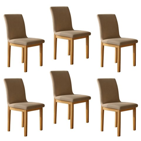 Kit 6 Cadeiras para Sala de Jantar Pés Madeira Maciça Bella Bege/Cinamomo/Veludo