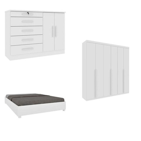 Quarto Casal Completo Guarda-Roupa Milano, Cama Mônaco e Cômoda Istambul Espresso Móveis Branco/Neve