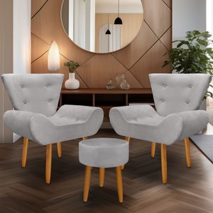 Kit 2 Poltrona Emilia +puff Redondo Decorativo:cinza