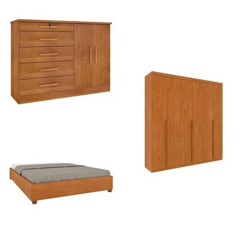 Quarto Casal Completo Guarda-Roupa Milano, Cama Mônaco e Cômoda Istambul Espresso Móveis Bege Cinamomo