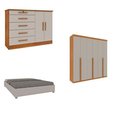 Quarto Casal Completo Guarda-Roupa Milano, Cama Mônaco e Cômoda Istambul Espresso Móveis Bege/Cinamomo/Off White