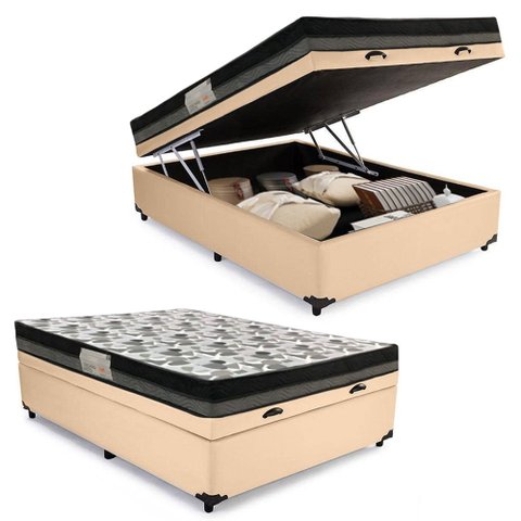 Cama Baú Casal Sintético + Colchão Casal Ortobom ISO Dupla Face 60X188X138 Bege