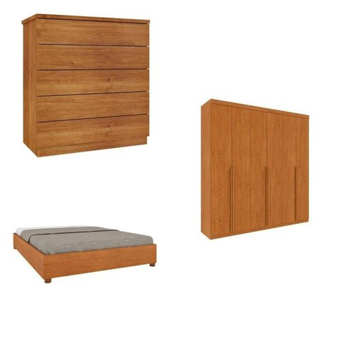 Quarto Casal Completo Guarda-Roupa Milano, Cama Mônaco e Cômoda Premium Espresso Móveis Bege/Cinamomo