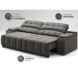 Sofá com Porta Copos Carregador USB Ret Rec Samurai 2,50m Velosuede Cinza - NETSOFAS - 5
