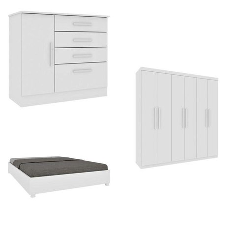 Quarto Casal Completo Guarda-Roupa Lima, Cama Mônaco e Cômoda Chicago Espresso Móveis Branco/Neve