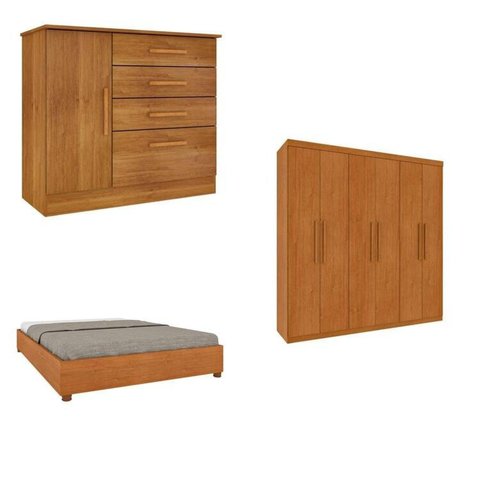 Quarto Casal Completo Guarda-Roupa Lima, Cama Mônaco e Cômoda Chicago Espresso Móveis Bege/Cinamomo