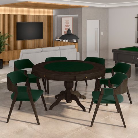 Conjunto Mesa de Jogos Carteado Bellagio Tampo Reversível e 6 Cadeiras Madeira Poker Base Estrela Ve