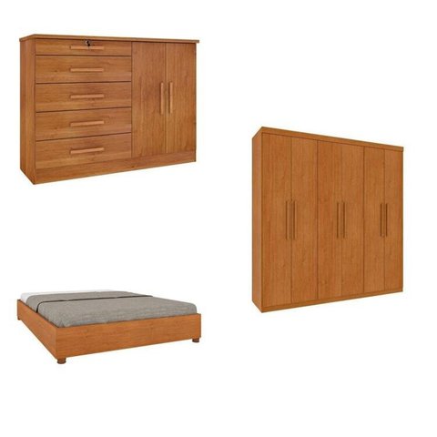 Quarto Casal Completo Guarda-Roupa Lima, Cama Mônaco e Cômoda Istambul Espresso Móveis Bege/Cinamomo