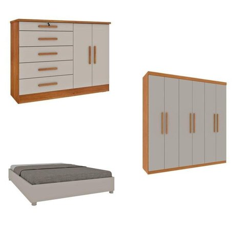 Quarto Casal Completo Guarda-Roupa Lima, Cama Mônaco e Cômoda Istambul Espresso Móveis Bege/Cinamomo/Off White