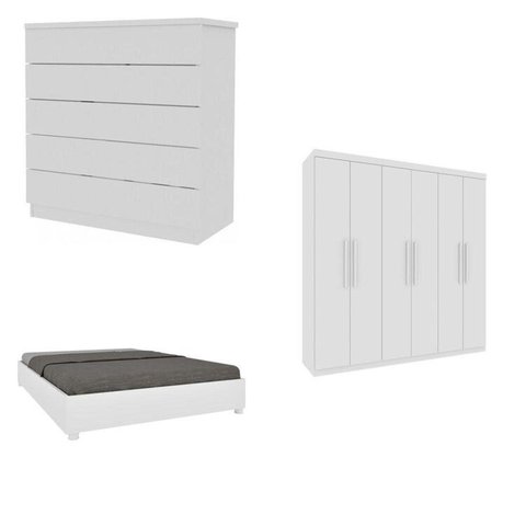 Quarto Casal Completo Guarda-Roupa Lima, Cama Mônaco e Cômoda Premium Espresso Móveis Branco/Neve