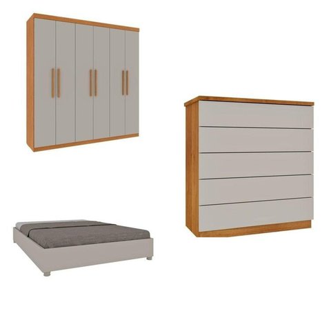 Quarto Casal Completo Guarda-Roupa Lima, Cama Mônaco e Cômoda Premium Espresso Móveis Bege/Cinamomo/Off White
