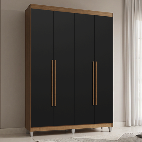 Guarda-Roupa Solteiro com Pés 4 Portas Batentes Rustic/Preto/Rustic Saturno Madesa