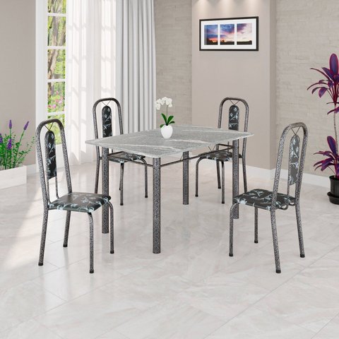 Conjunto de Mesa Tubular 120cm x 75cm Tampo Granito Topázio com 4 Cadeiras Lívia Prata/Preto
