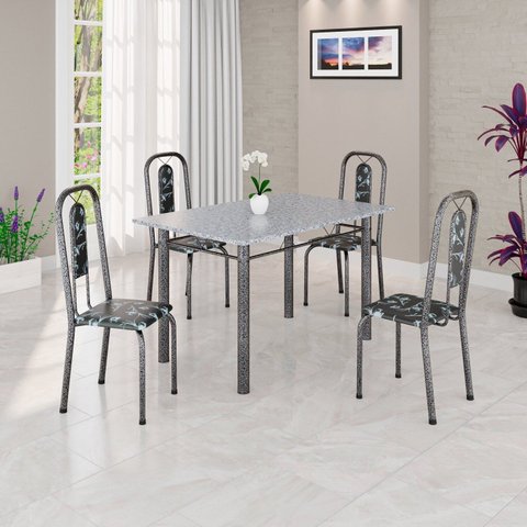 Conjunto de Mesa Tubular 120cm x 75cm Tampo Granito Ocre com 4 Cadeiras Lívia Prata/Preto