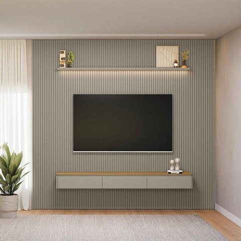 Painel Ripado para TV até 80 Polegadas com LED MDF 297CMX250CM Modular Cinza Tauari/Gris Fosco
