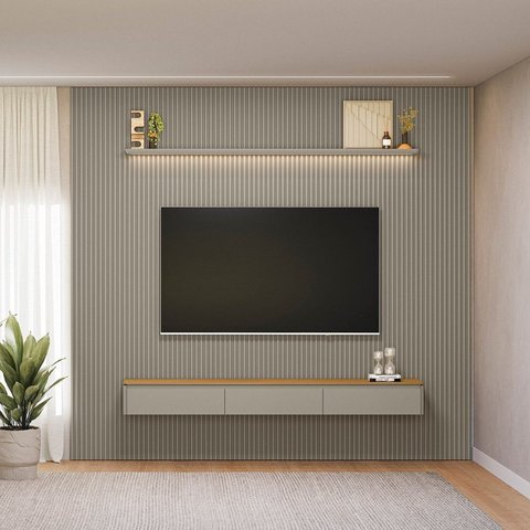 Painel Ripado para TV até 80 Polegadas com LED MDF 297cmx250cm Modular Cinza Tauari/Gris Fosco