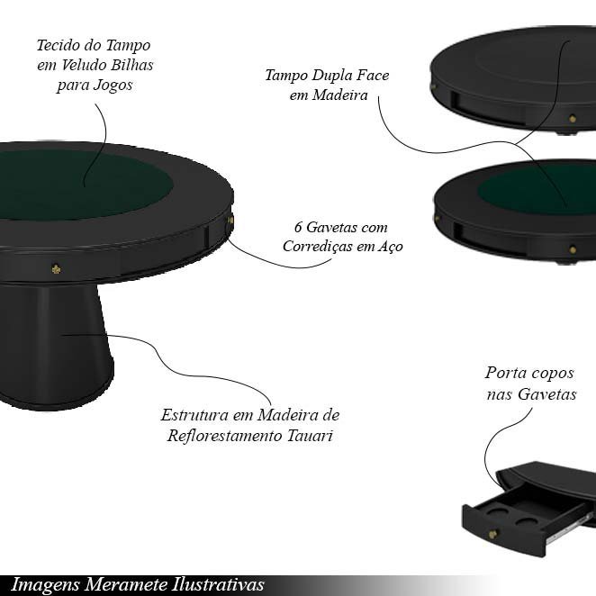 Conjunto Mesa de Jogos Carteado Bellagio Tampo Reversível e 6 Cadeiras Madeira Poker Base Cone Pu Ca - 4