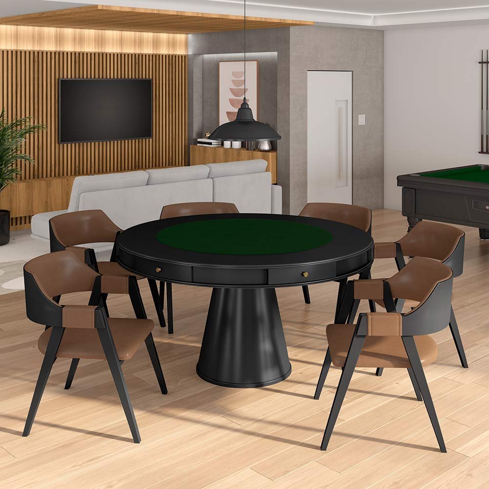 Conjunto Mesa de Jogos Carteado Bellagio Tampo Reversível e 6 Cadeiras Madeira Poker Base Cone Pu Ca