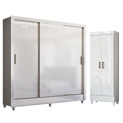 Guarda Roupa Casal Itália 3 Portas com Espelho e Pés e Armário Multiuso Fit com Pés Branco Brilho - 
