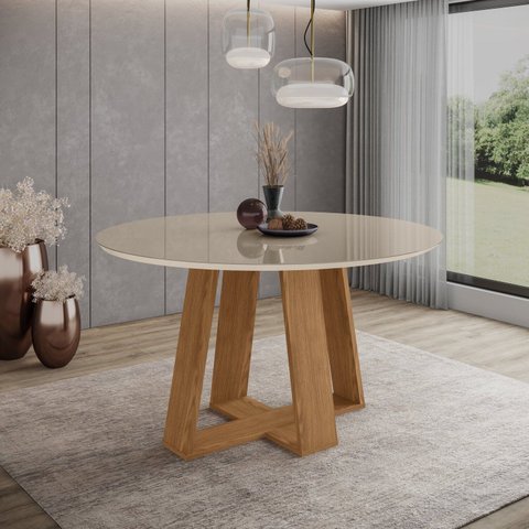 Mesa Lins para 6 Lugares Tampo de 140cm Redonda com Vidro Bege/Nature/Off White