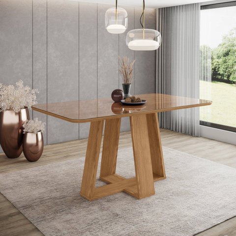 Mesa Lins para 6 Lugares Tampo de 160cm Canto Arredondado com Vidro Marrom/Nature