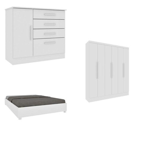 Quarto Casal Completo Guarda-Roupa Munique Cama Mônaco e Cômoda Chicago Espresso Móveis Branco/Neve