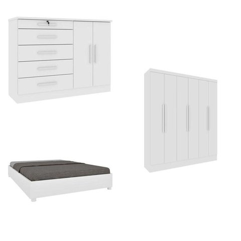 Quarto Casal Completo Guarda-Roupa Munique Cama Mônaco e Cômoda Istambul Espresso Móveis Branco/Neve