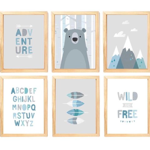Quadro Infantil Urso 6 Un A4 Vidro e Pendurador
