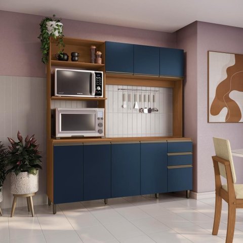 Cozinha Compacta Luna 7 Portas 3 Gavetas MDP 192,5cm Canela e Azul Profundo Kappesberg