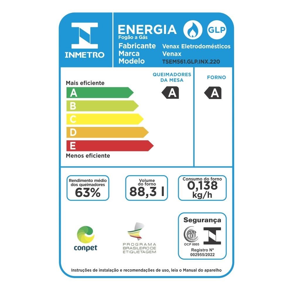 Fogao de Embutir 5 Bocas Venax Temis Inox Gas GLP 220 V - 4