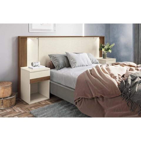 Painel Cama Box Madeirado Casal Bourbon C/ 2 Mesas 2 Gavetas e Leds Areia/jatobá - Santos Andirá