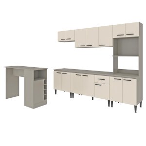 Cozinha Modulada com Bancada Ilha Max 262 Cm Balcão Tampo MDP Cinza Champanhe - ClickLar