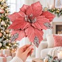 Ver imagem 2 de Flores Natalina Artificial Camurça Rosa Enfeite 28cm 6 Peças
